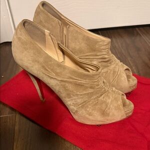 Christian Louboutin Tan Suede Peep-Toe Stiletto Booties